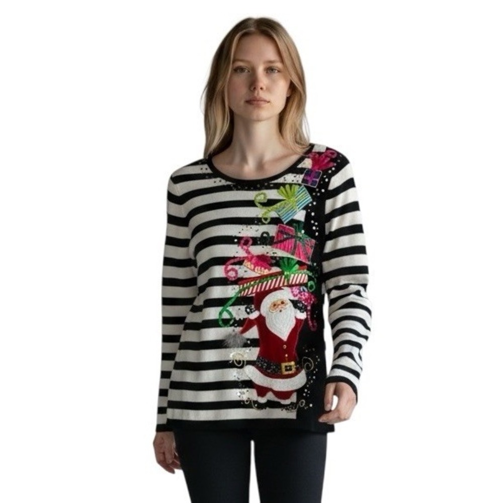 Berek Studio Christmas Sweater Size S Santa Claus Appliqués Sequin Holiday Party